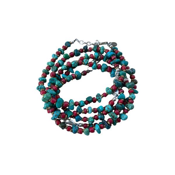 Turquoise Beaded Bracelet with Old Red White Heart Trade Beads