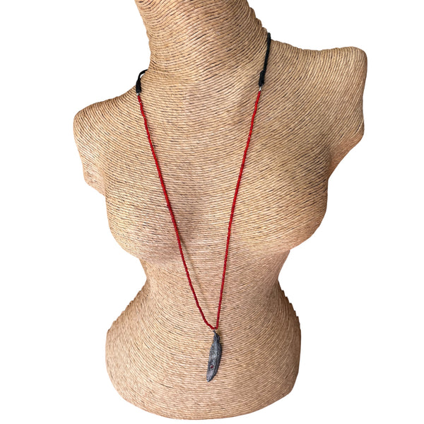 Silver Feather with Ruby stone set in 14k gold Necklace strung with vintage red glass beads and adjustable leather tie closure