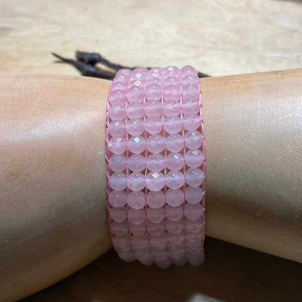 Pink Rose Quartz Gemstone Bracelet - Loom Beaded Jewelry Original Stormie Art
