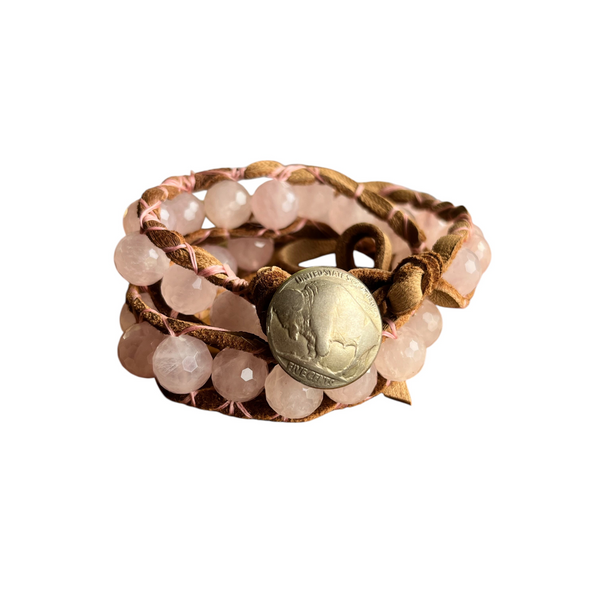 Self-Love Rose Quartz Bracelet Wrap with Genuine Bison Coin Button/Stormie Hand Made with Intentions