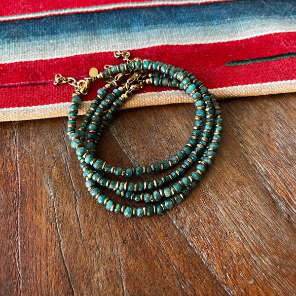 Emerald and Brass Hand Beaded Bracelet Gold - Filled Lobster Clasp