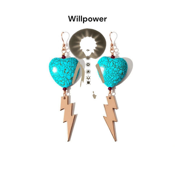 Turquoise heart-shaped earrings with lightning bolt charms on a white background, branded 'Willpower'.