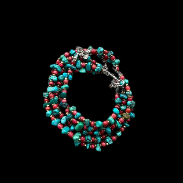 The warmth of red and turquoise is strengths and healing this Turquoise Nugget Beads & Red White Heart Trade Beads Copper Heishi Beaded Bracelet Clasp