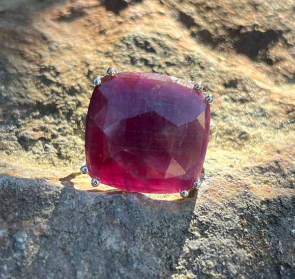 Ruby Ring “Size 9” Stormie Art Original Design Faceted Ruby Square Stone Shape and Set in Sterling Silver