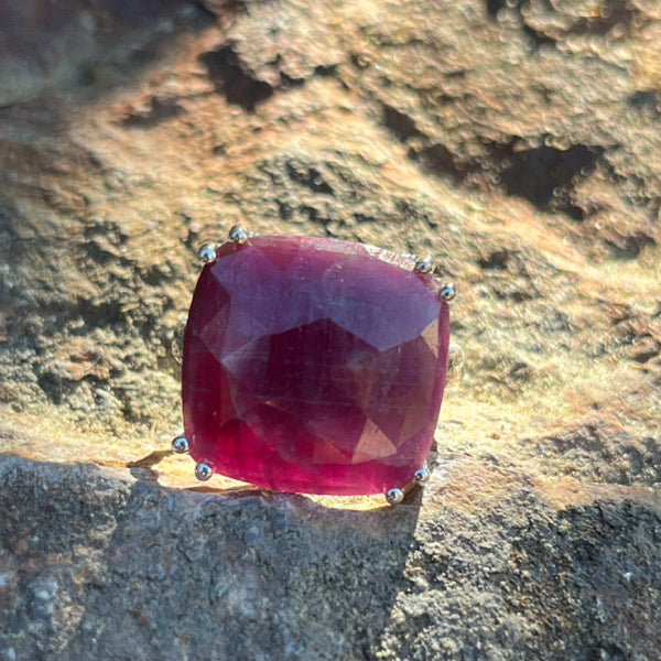 Ruby Ring “Size 9” Stormie Art Original Design Faceted Ruby Square Stone Shape and Set in Sterling Silver