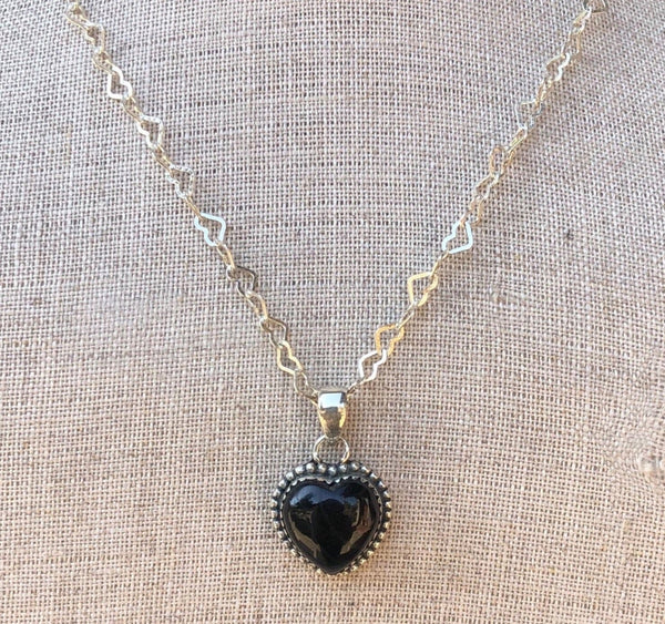 Stormie Black Onyx Heart Necklace set in Sterling Silver with heart tiny chain