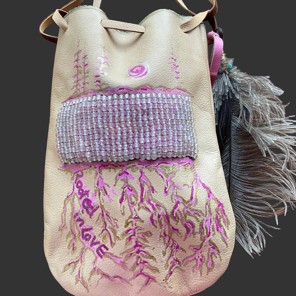 Rooted in Love Pouch Stormie Original Design with patch of Rose Quartz beadwork and antique seed beads custom hand made painted on leather