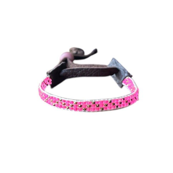 Front view Pink beaded Stormie bracelet leather