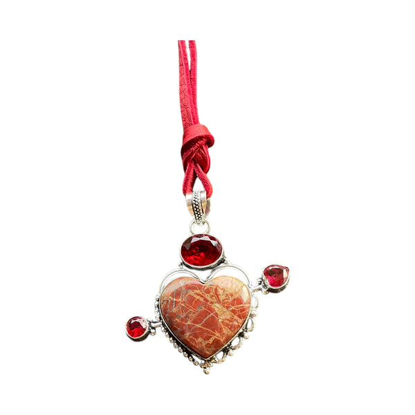 poppy jasper heart pendant with red garnet and red leather cord 925 silver