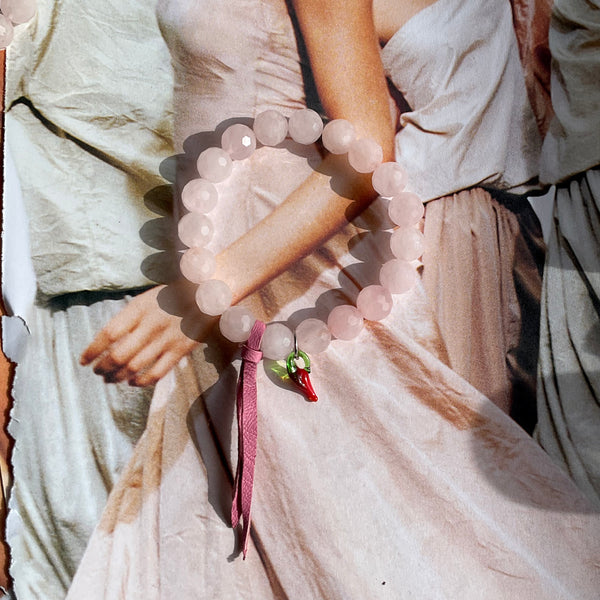 front view rose quartz glass red pepper beaded bracelet