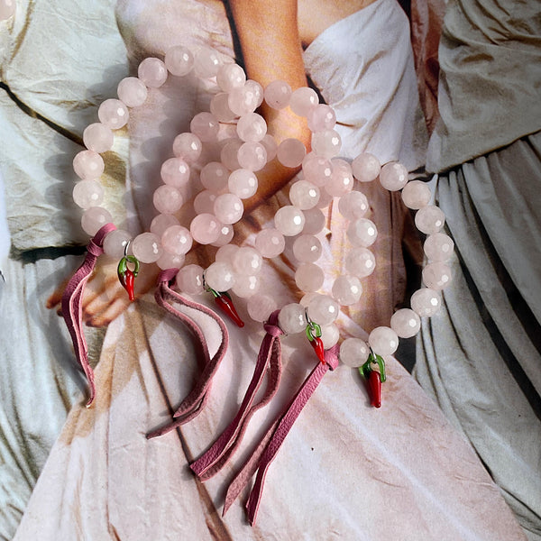 front view of 4
rose quartz beaded bracelet stormie