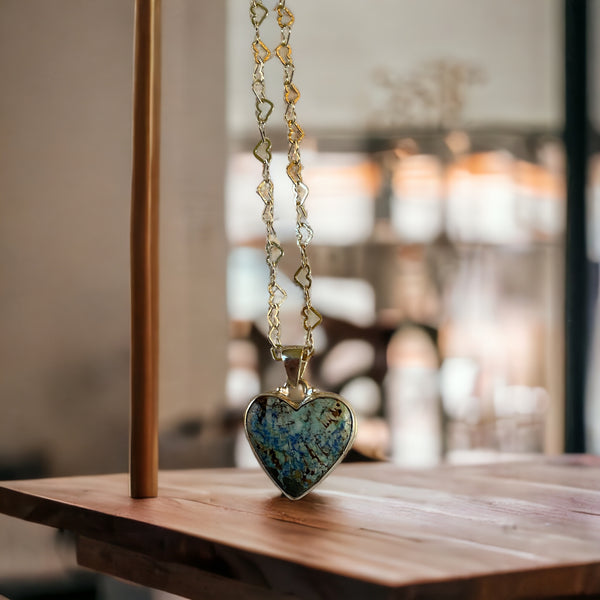 Turquoise and Azurite Heart charm Necklace with a heart Chain