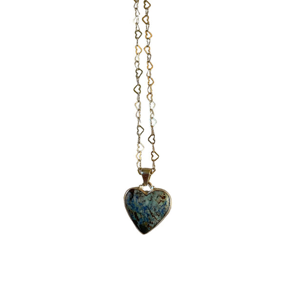 Turquoise and Azurite Heart charm Necklace with a heart Chain