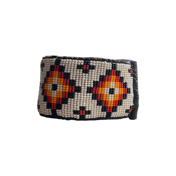 four equal directions bracelet hand beaded handcrafted native design rhombus pattern black white red orange color seed beads black leather tie closure