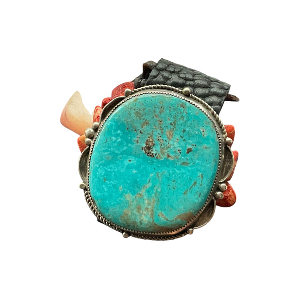 front view turquoise cuff black leather stormie bracelet
