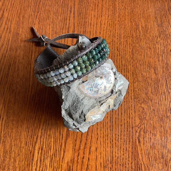 Green Agate Positive Bracelet Leather Handmade Wearable Art by Stormie Jewelry