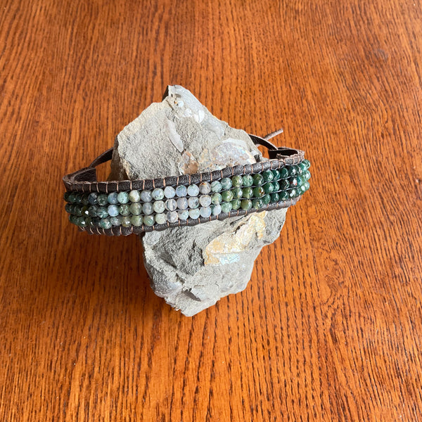 Green Agate Positive Bracelet Leather Handmade Wearable Art by Stormie Jewelry