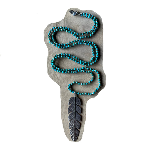 Silver Feather Charm on Beaded Turquoise Necklace