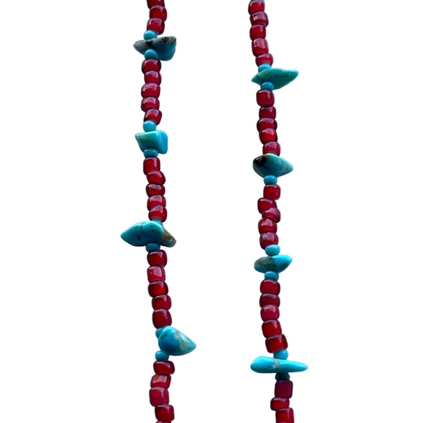 Antique Red White Heart Beads and Turquoise Nugget Beaded Necklace