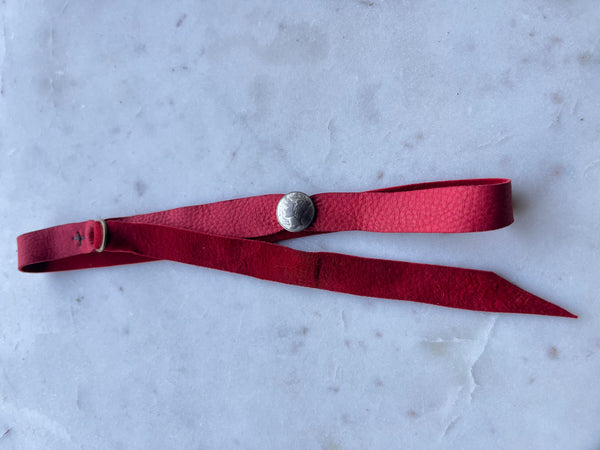 Mercury Dime Button on Red Leather Hatband or Bracelet Wrap