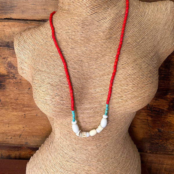 Red Trade bead, White Seashells and Natural Turquoise Necklace 26 inches length
