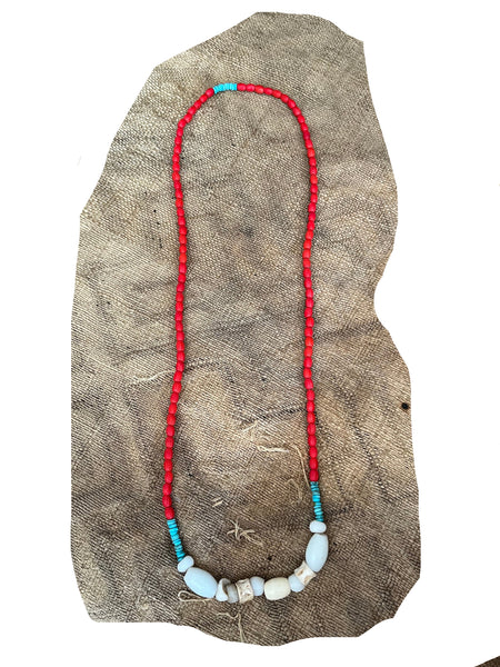 Red Trade bead, White Seashells and Natural Turquoise Necklace 26 inches length
