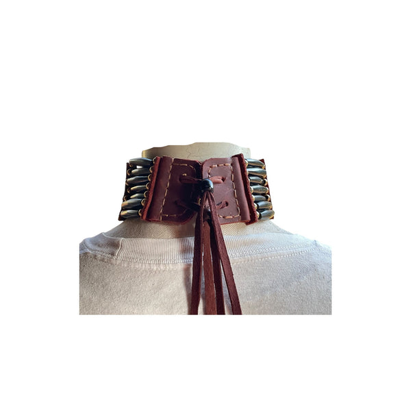 Red Bone Warrior Leather Choker Native Traditional Style