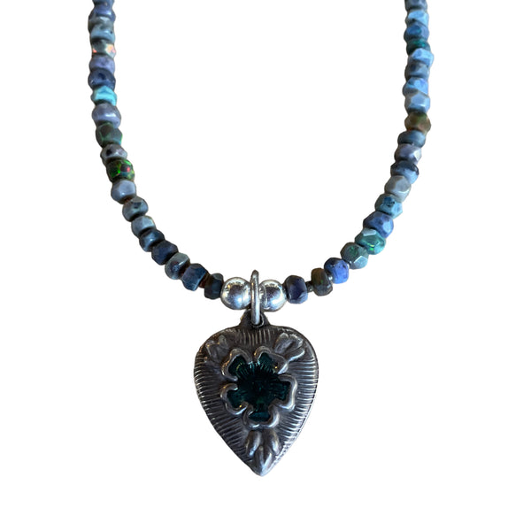 Natural Black Fire Opal Beaded Necklace with Vintage Heart with Enamel Center