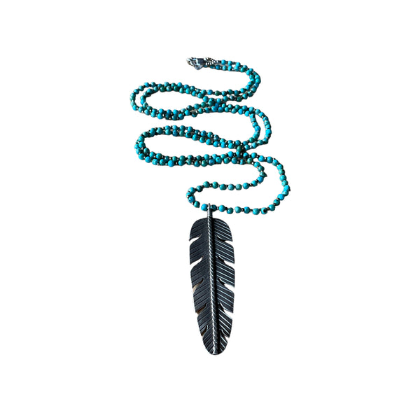 Silver Feather Charm on Beaded Turquoise Necklace