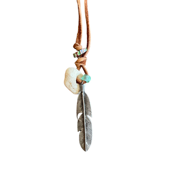 Feather Pendant Necklace on Leather Cord with Trade Beads and Antique Shell