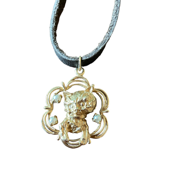 14k Cat Charm with Pearls on Leather cord Necklace Unique and Purrrrr-fit cat lover Estate item
