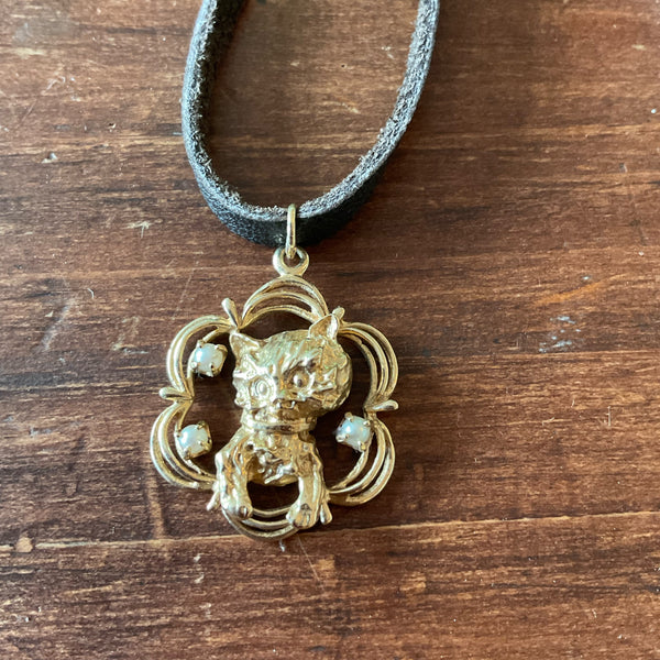 14k Cat Charm with Pearls on Leather cord Necklace Unique and Purrrrr-fit cat lover Estate item