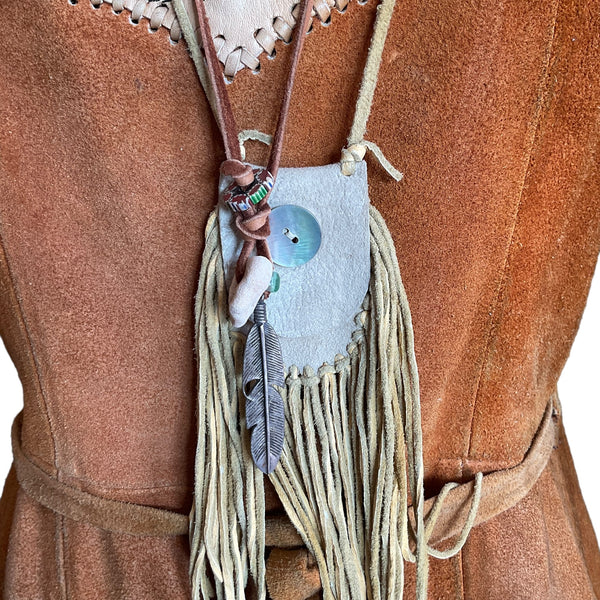 Feather Pendant Necklace on Leather Cord with Trade Beads and Antique Shell