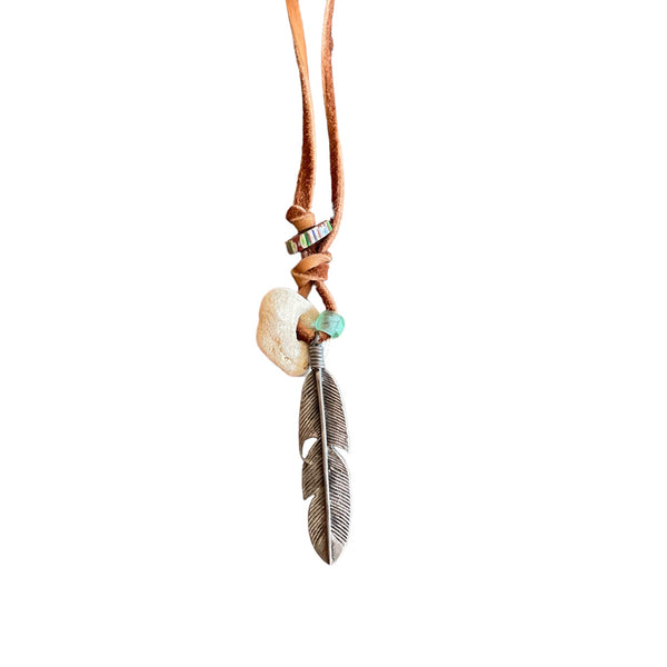Feather Pendant Necklace on Leather Cord with Trade Beads and Antique Shell