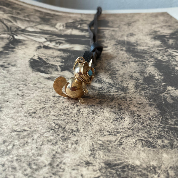 14k Cat Charm with the Turquoise Eyes Necklace on leather cord Unique 3D Estate item Calling all lovers for kitten Jewelry