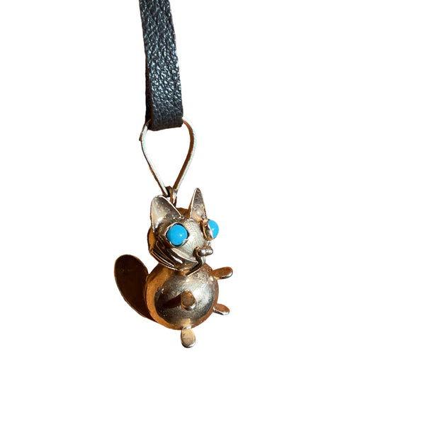 14k Cat Charm with the Turquoise Eyes Necklace on leather cord Unique 3D Estate item Calling all lovers for kitten Jewelry