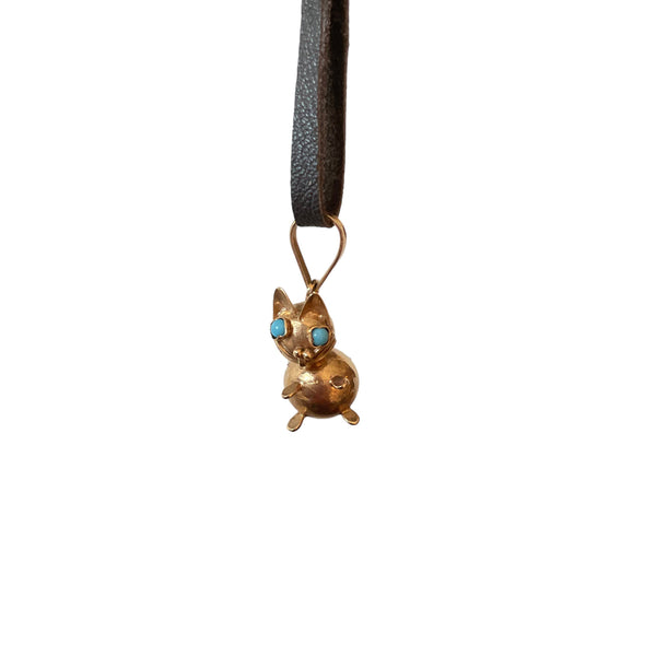 14k Cat Charm with the Turquoise Eyes Necklace on leather cord Unique 3D Estate item Calling all lovers for kitten Jewelry