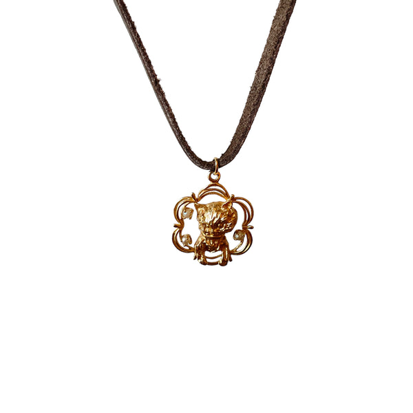 14k Cat Charm with Pearls on Leather cord Necklace Unique and Purrrrr-fit cat lover Estate item