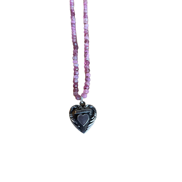 Pink Tourmaline Beaded Necklace and Vintage Heart