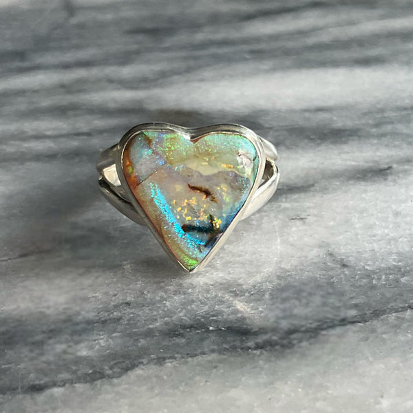 Heart Opal Silver Ring Size 7
