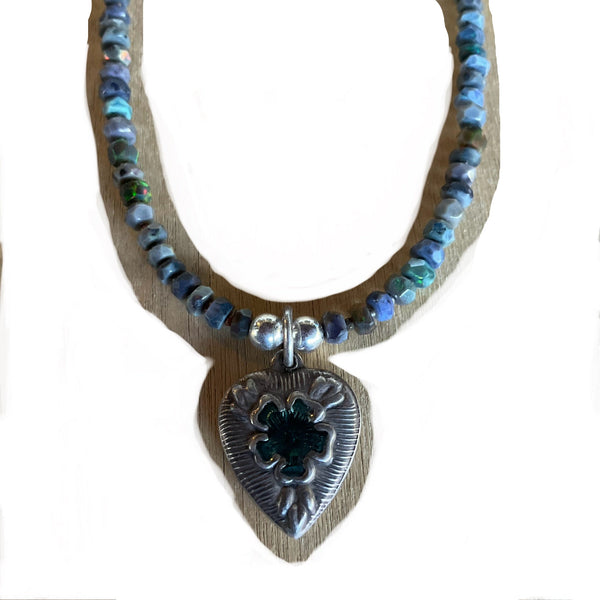 Natural Black Fire Opal Beaded Necklace with Vintage Heart with Enamel Center