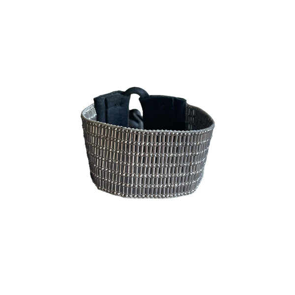 silver beaded bracelet front view leather handmade stormie jewelry