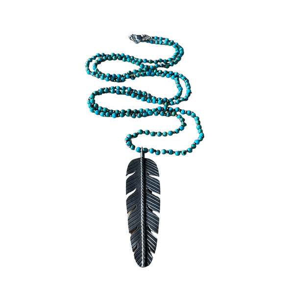 Silver Feather Charm on Beaded Turquoise Necklace