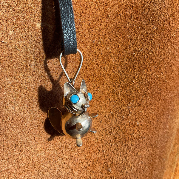 14k Cat Charm with the Turquoise Eyes Necklace on leather cord Unique 3D Estate item Calling all lovers for kitten Jewelry