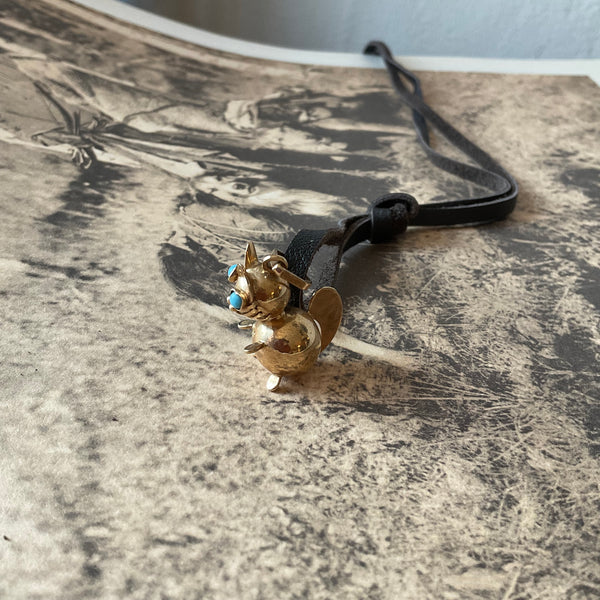 14k Cat Charm with the Turquoise Eyes Necklace on leather cord Unique 3D Estate item Calling all lovers for kitten Jewelry