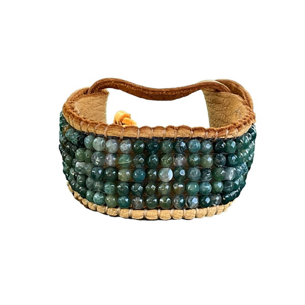 green bracelet front view handmade stormie jewelry indian agate leather wearable art