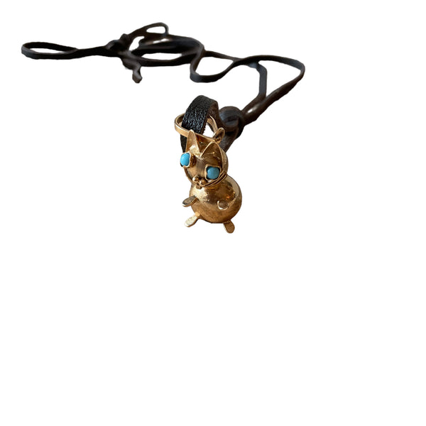 14k Cat Charm with the Turquoise Eyes Necklace on leather cord Unique 3D Estate item Calling all lovers for kitten Jewelry