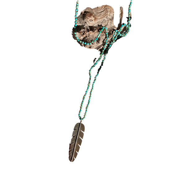 Silver Feather Charm on Beaded Turquoise Necklace