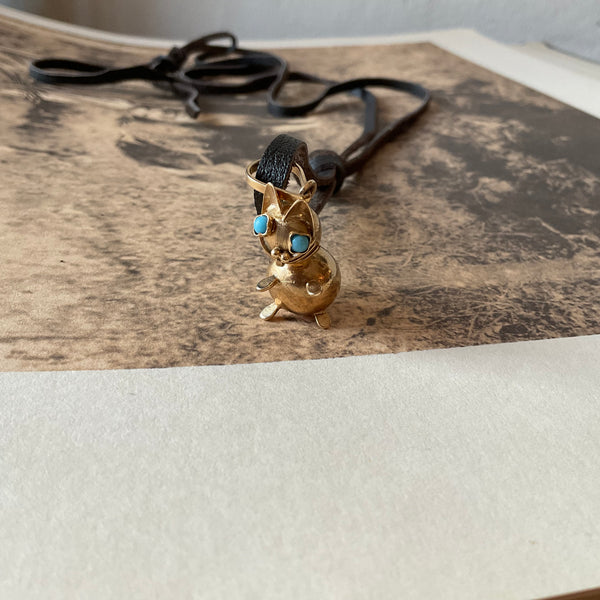 14k Cat Charm with the Turquoise Eyes Necklace on leather cord Unique 3D Estate item Calling all lovers for kitten Jewelry