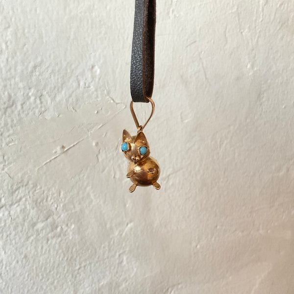 14k Cat Charm with the Turquoise Eyes Necklace on leather cord Unique 3D Estate item Calling all lovers for kitten Jewelry